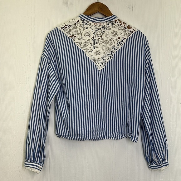 Zara - Lace Design Blue And White Stripe Button Down Long Sleeve Top Size XS - Picture 10 of 11